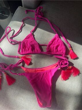 Outside Surfwear Bright Fuschia Pink Brazilian Bikini Set with beads